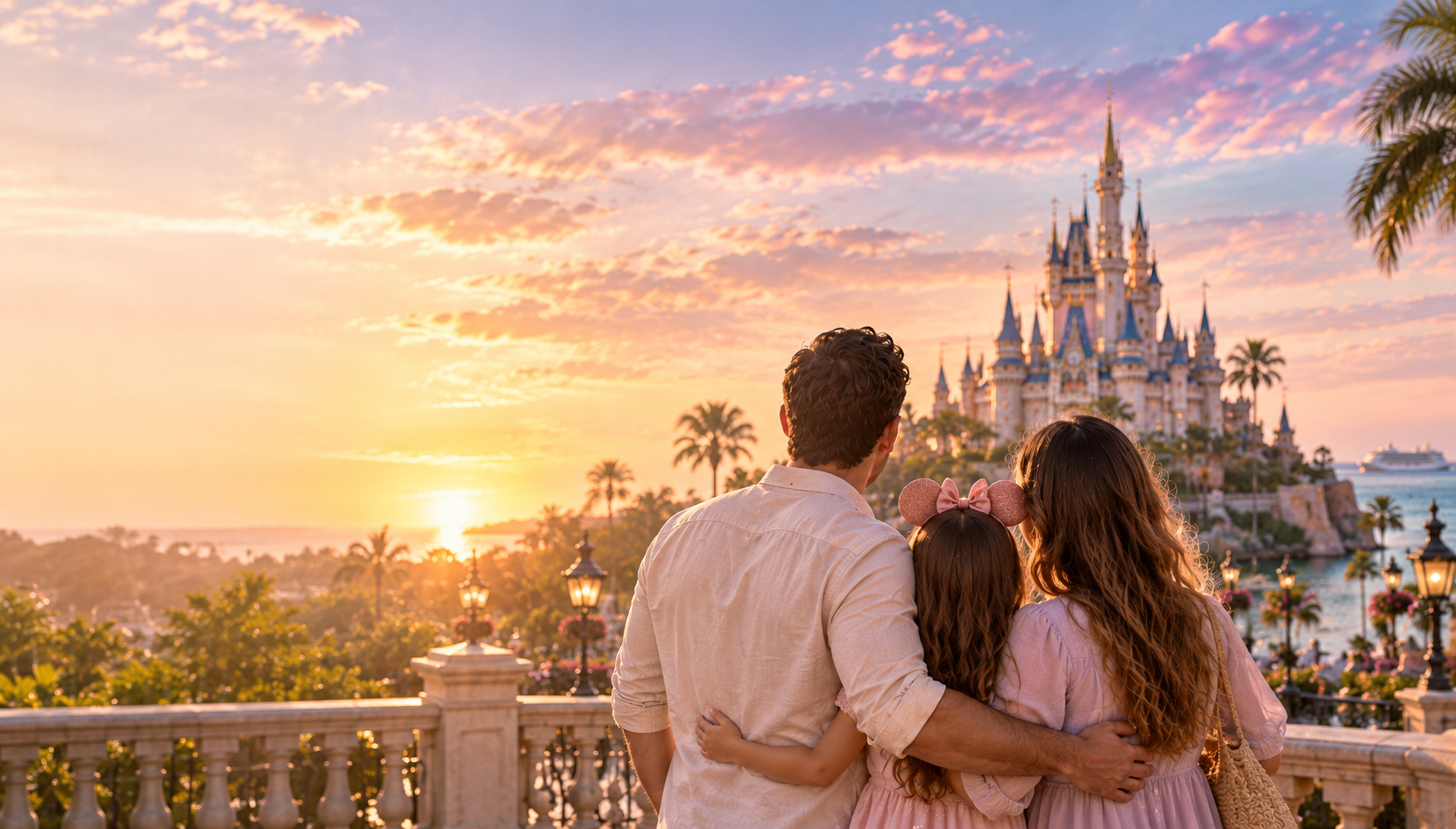 Una familia contemplando un castillo al atardecer